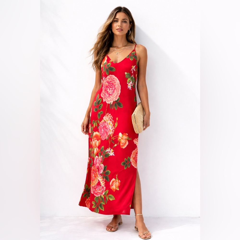 Natori XL Red Romantic Floral Slip Maxi Dress Resort Boho